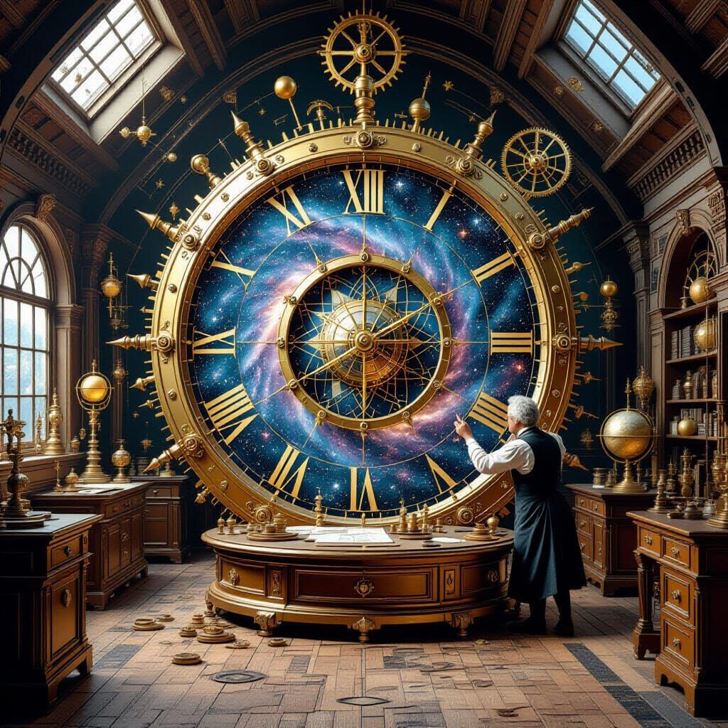 Celestial Clockmaker's Tilted Workshop: A Hyperrealistic Mas...