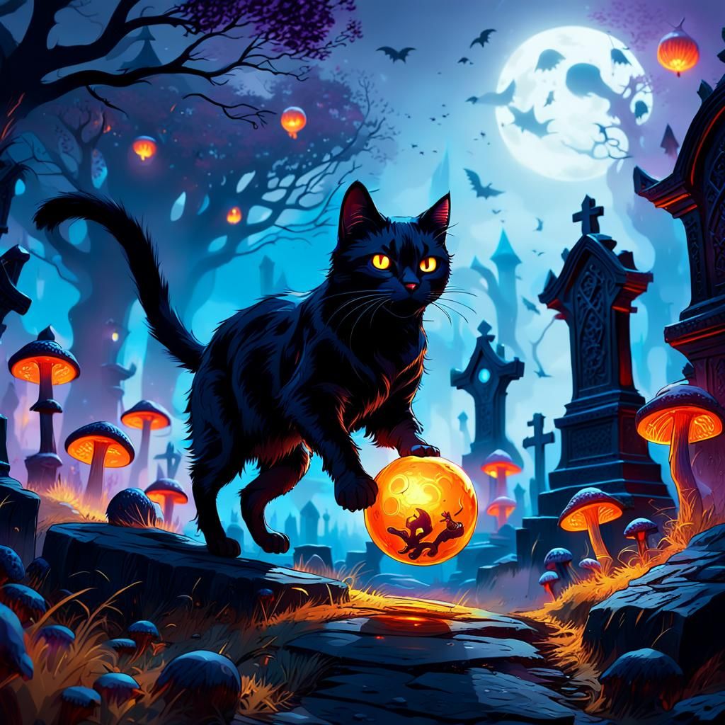 Black Cat in Graveyard: Gothic Fantasy Concept Art