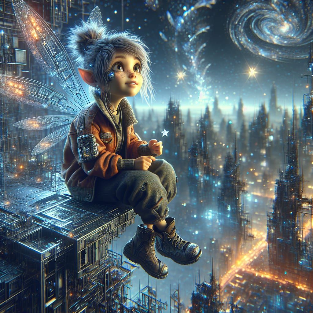 Cyberpunk Pixie Catches a Star in Futuristic City