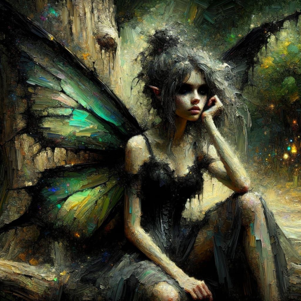 Annoyed Fairy Queen in Impressionistic Forest Scene