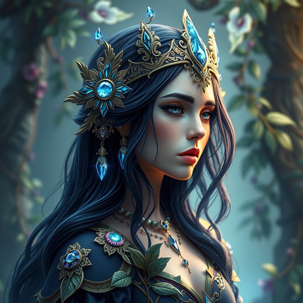 Mystical Sapphire Druid Queen in Art Nouveau Style
