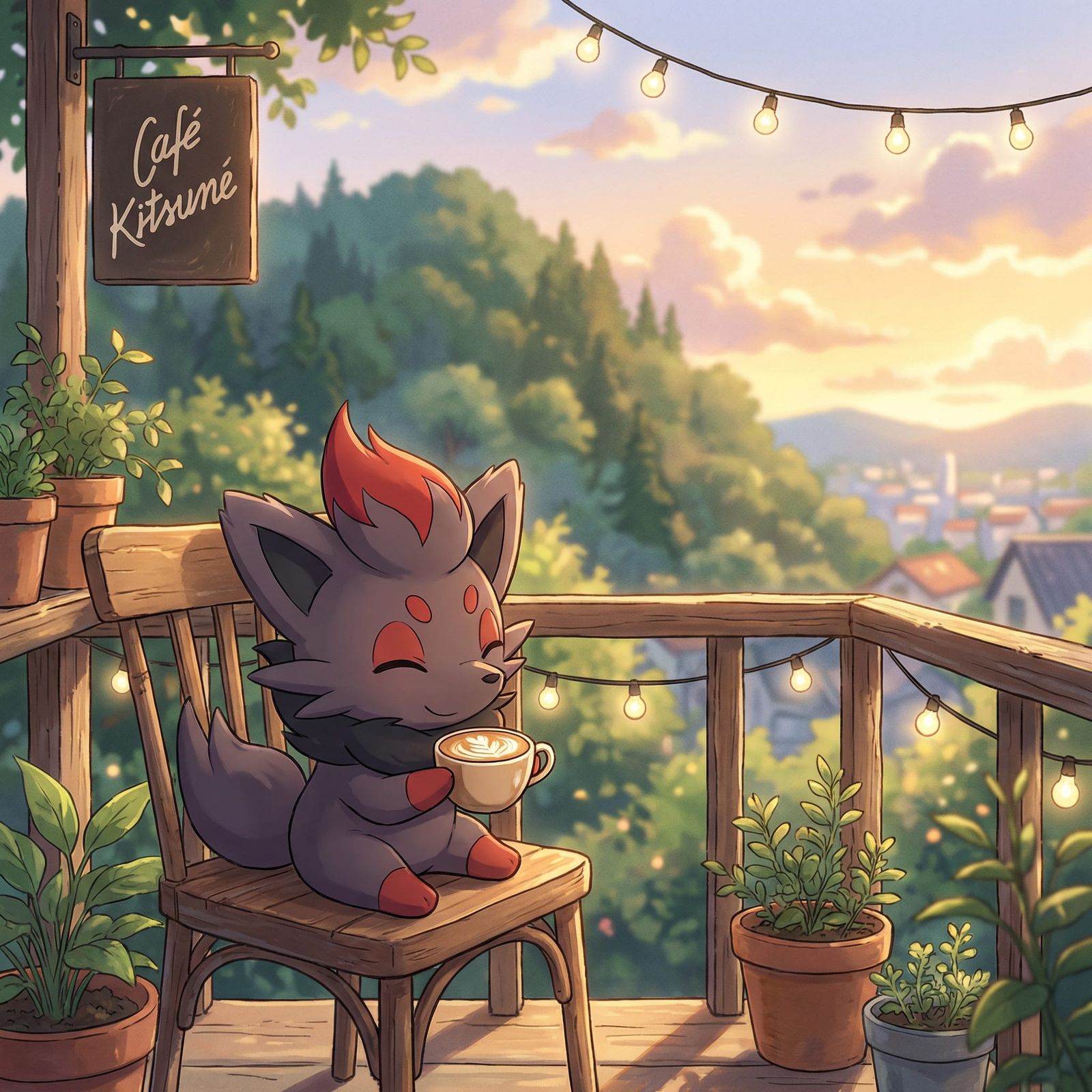 Zorua Enjoys Coffee in Scenic Outdoor Cafe