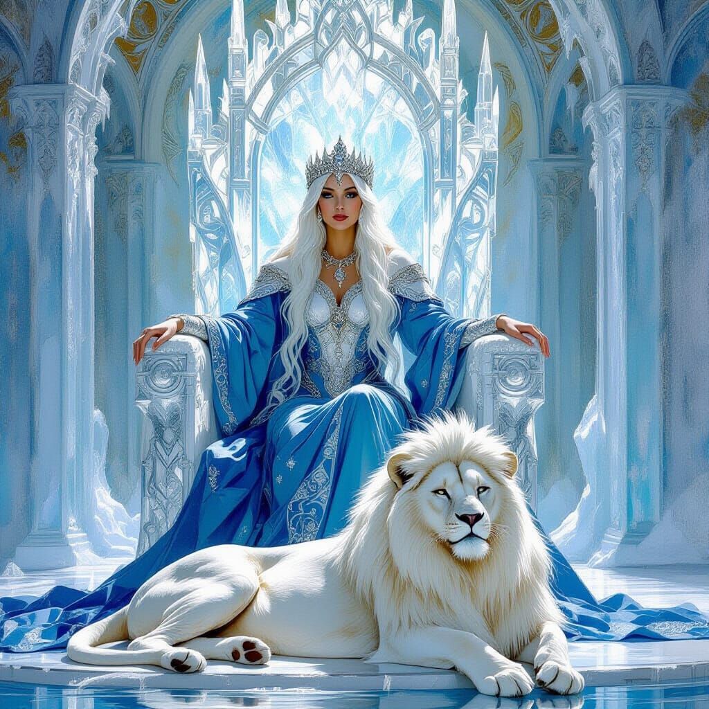 High Priestess on Crystal Throne in Ice Palace with White Li...
