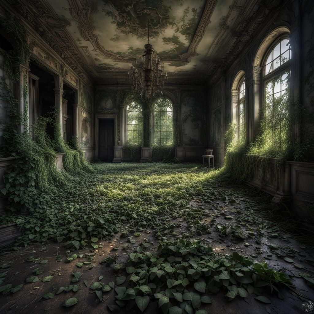 Haunted Abandoned Mansion with Ghostly Figures