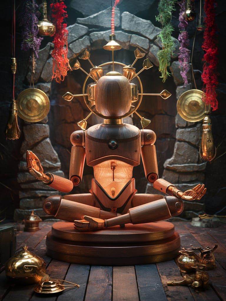 Meditating Wooden Automata Contemplating if it Has a Navel