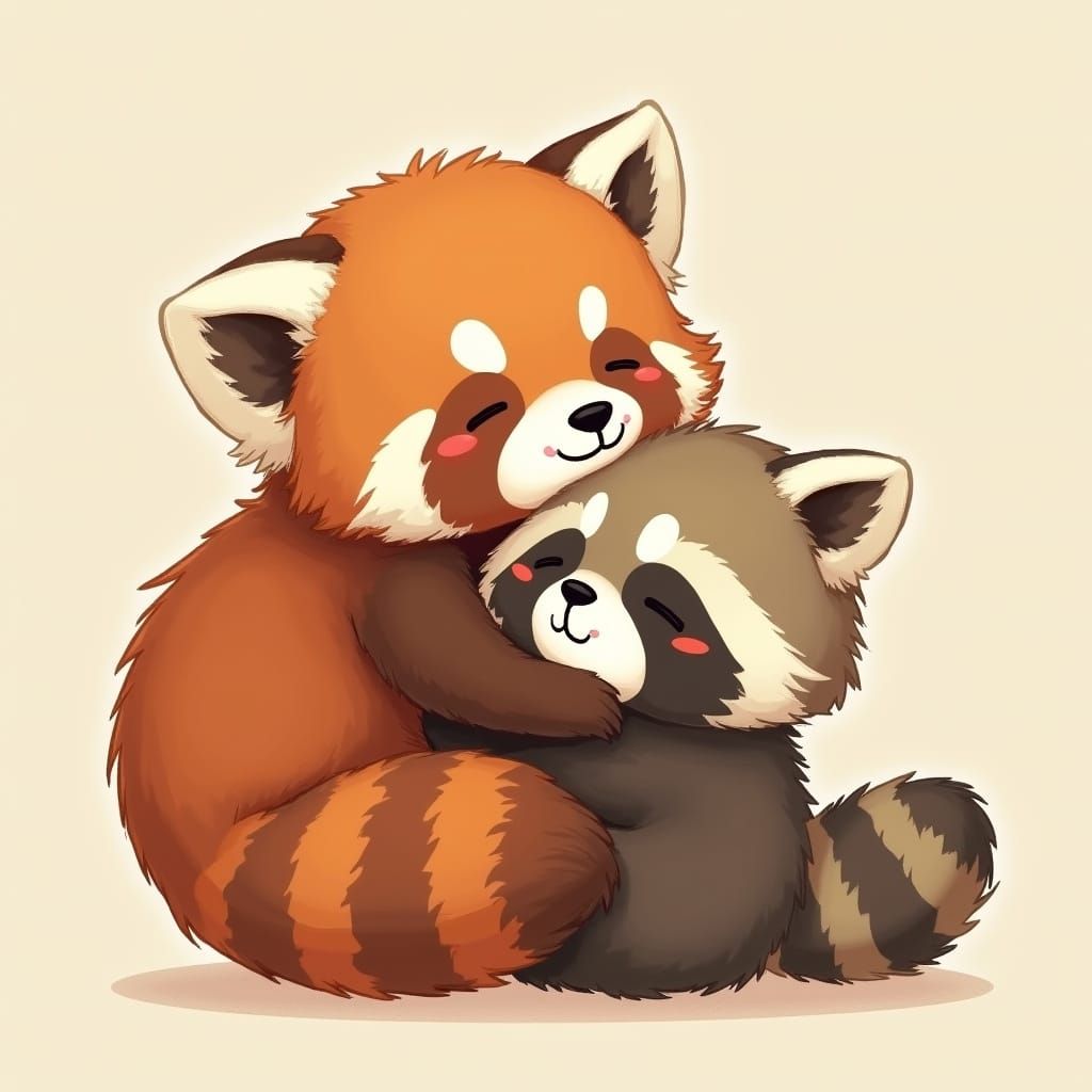 Whimsical Red Panda and Raccoon Embrace in Studio Ghibli-Ins...