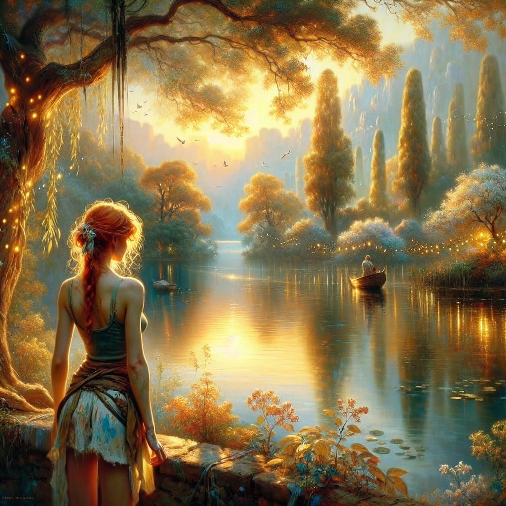 Artist Painting Lakeside Scene at Sunset