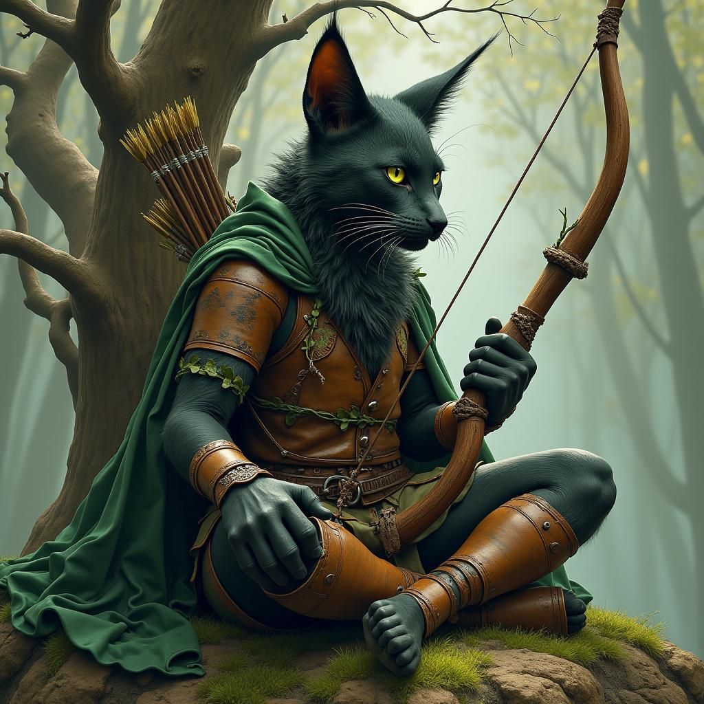 Catfolk Ranger in Mucha-Inspired Forest Twilight