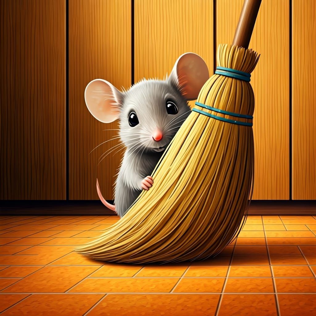 Mouse Peeking from Behind Broom in Retro Kitchen
