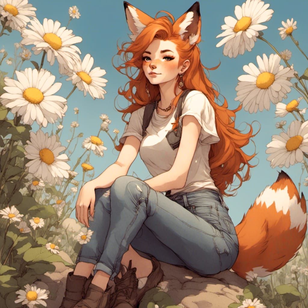 Fox-girl VIXEN ginger hair Mohawk,
fox ears on top of her head, wearing hip hugger bell bottom jeans, t-shirt.