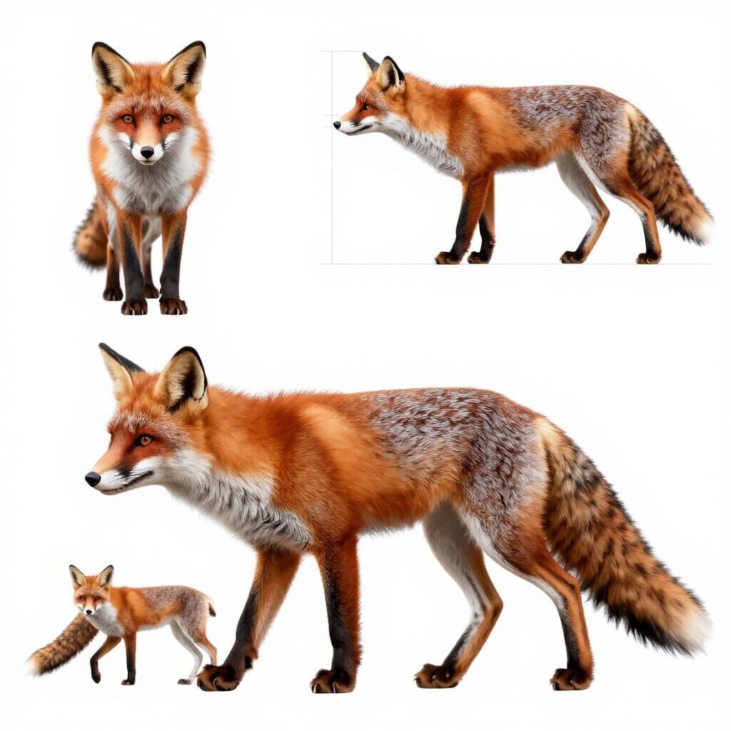 Red Fox and Orthographic Views: Front, Rear, Side, Top