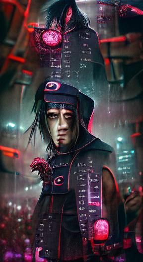 Itachi Uchiha in Cyberpunk Horror Style