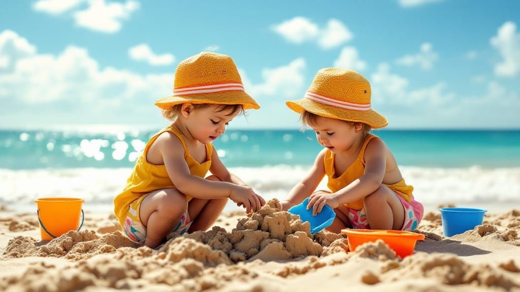 Vibrant Beach Scene with Toddlers Building Sandcastles