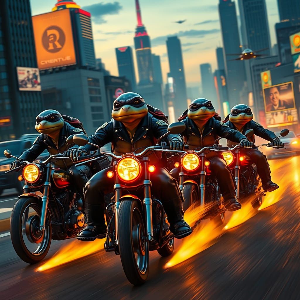 Turtles in High-Octane Motorcycles Speed Through a Dystopian...