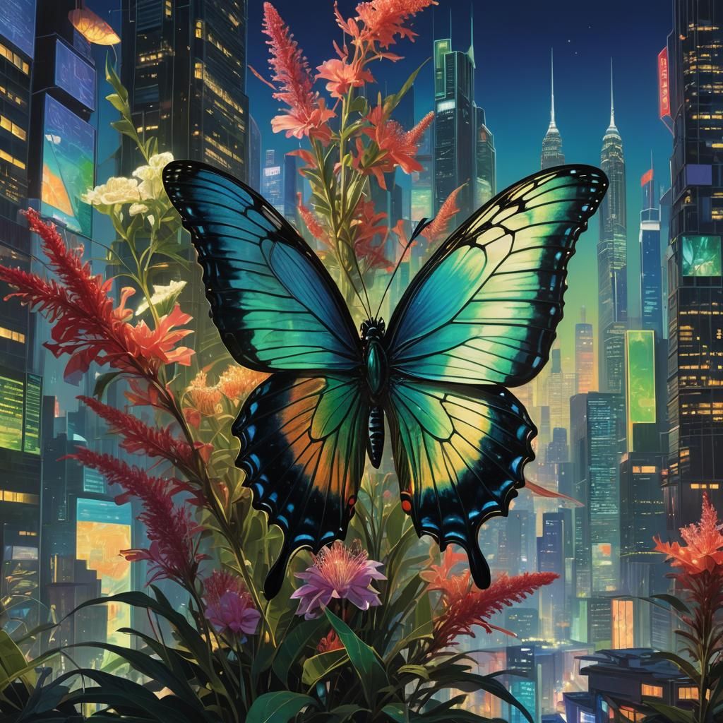 Butterfly Sips Nectar in Neo-Noir Metropolis