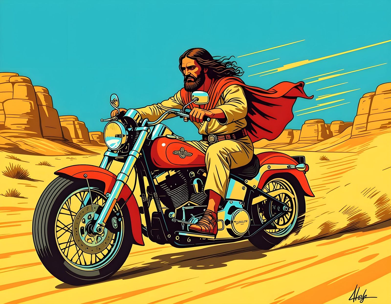 Jesus Rides a Harley in Crumb Comic Style