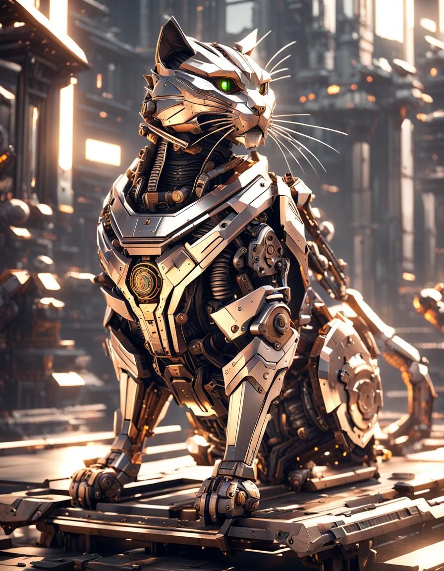 Futuristic Robotic Cat Warrior with Katanas