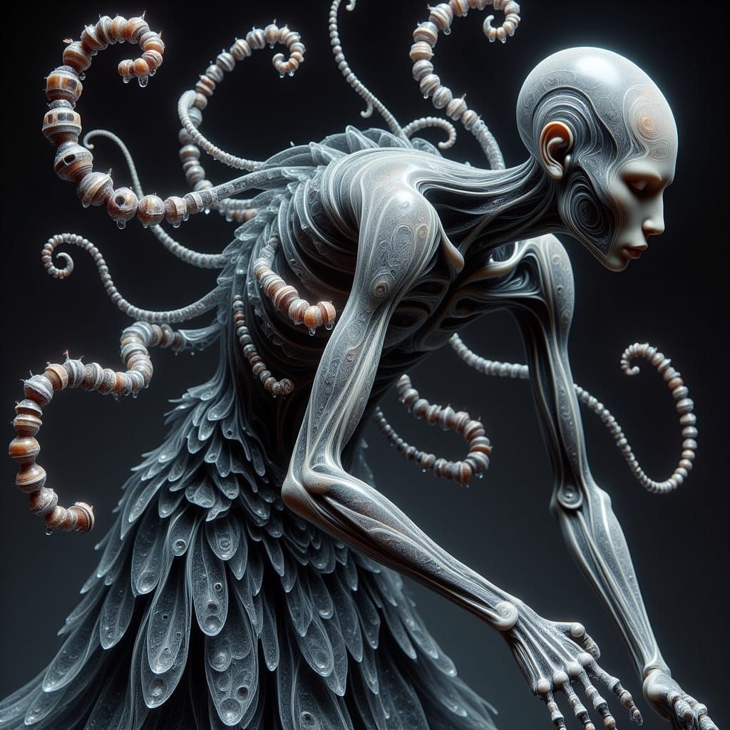 Cyborg Woman with Paisley Dress in Giger Style