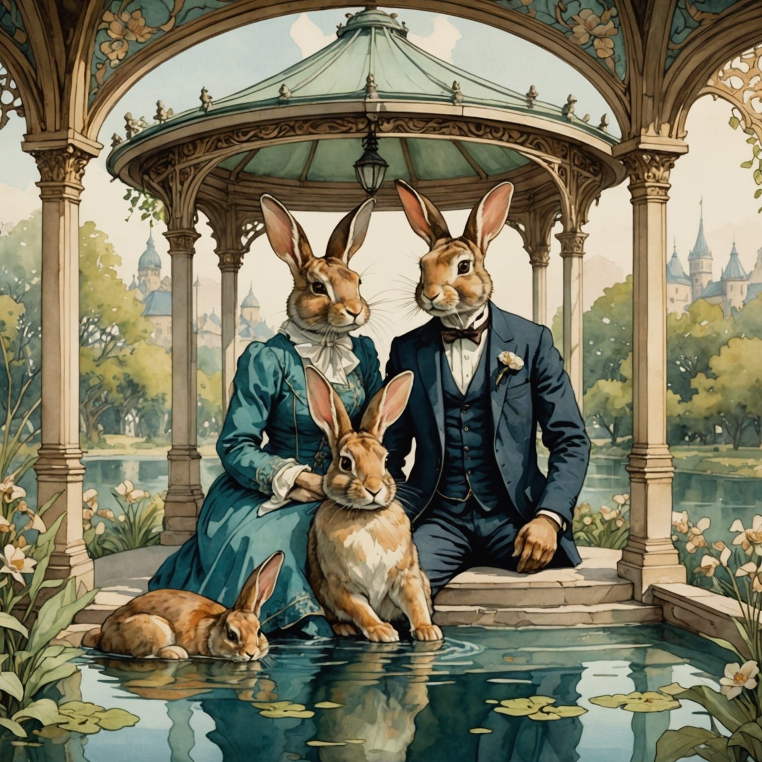 Rabbit Couple in Art Nouveau Pavilion