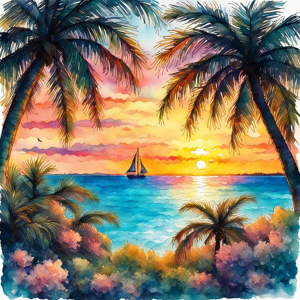 Palm Trees Frame Vibrant Sunset: Watercolor Illustration