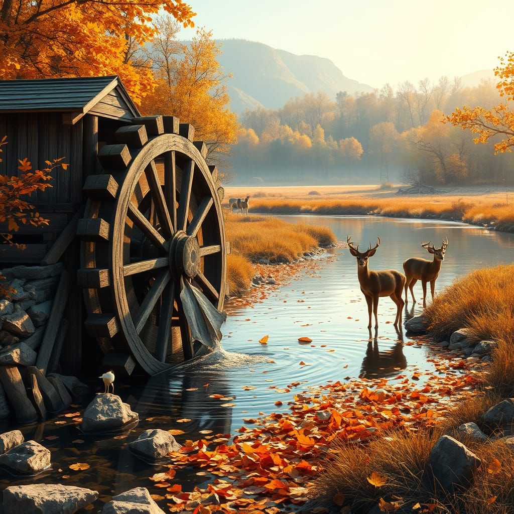 Majestic Autumn Water Wheel Beside a Tranquil River