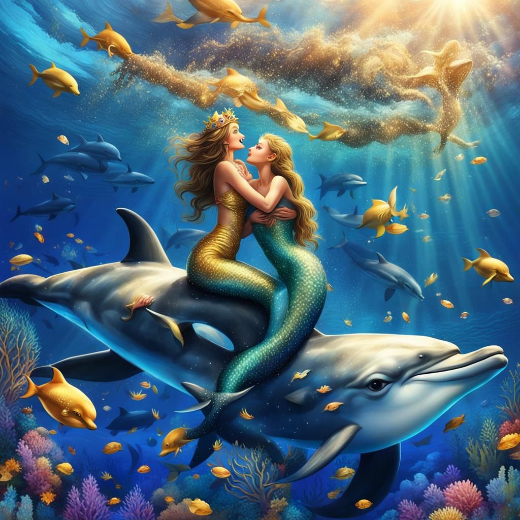 Mermaid's Underwater Dance with Dolphins in Colorful Sea