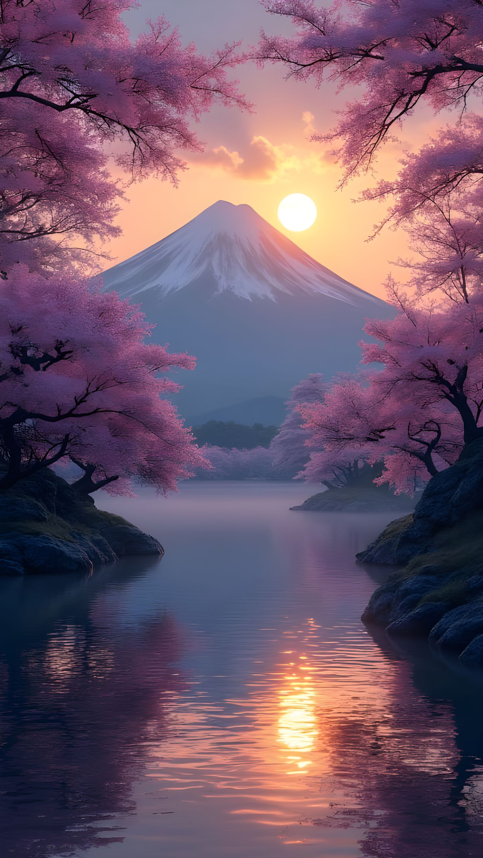 Surreal Cherry Blossom Fujiyama at Dusk with Art Nouveau Inf...
