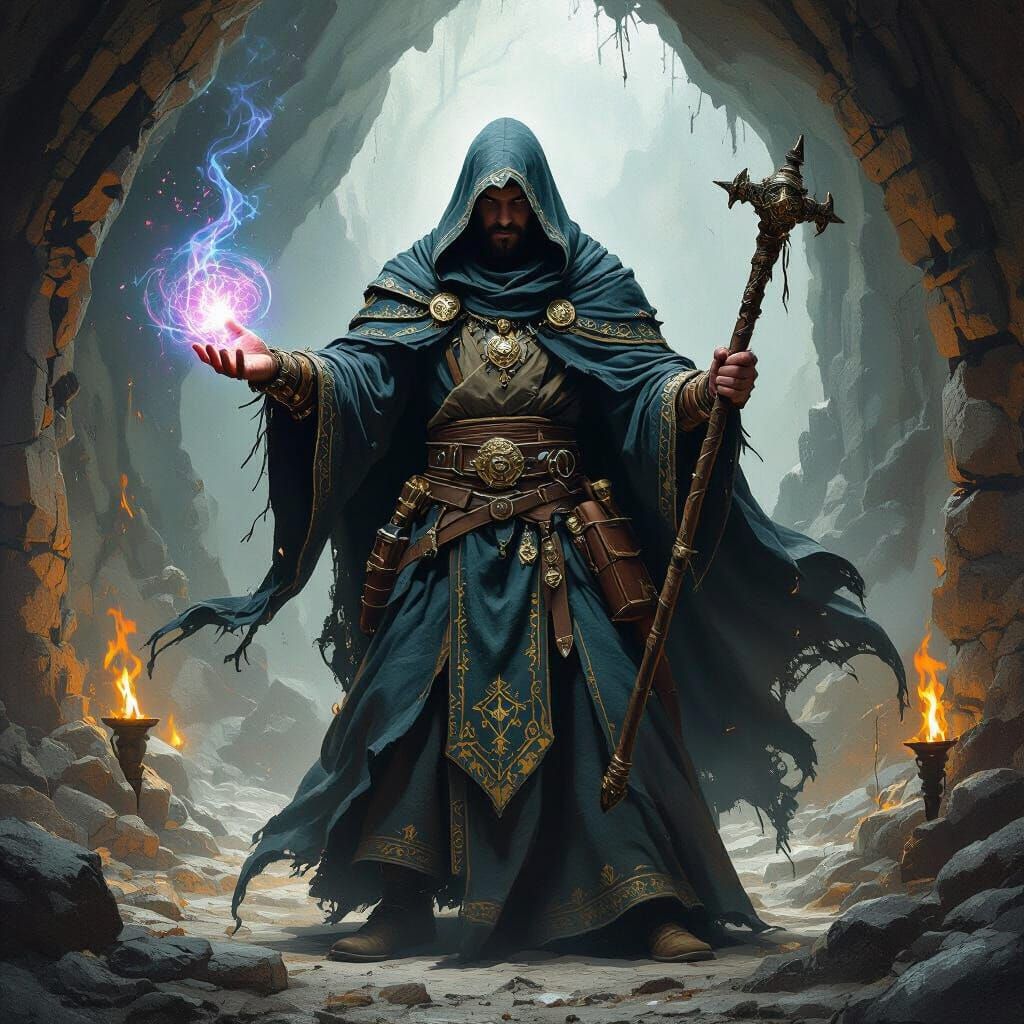 Cleric Fighter Casts Spell in Dark Fantasy Cavern