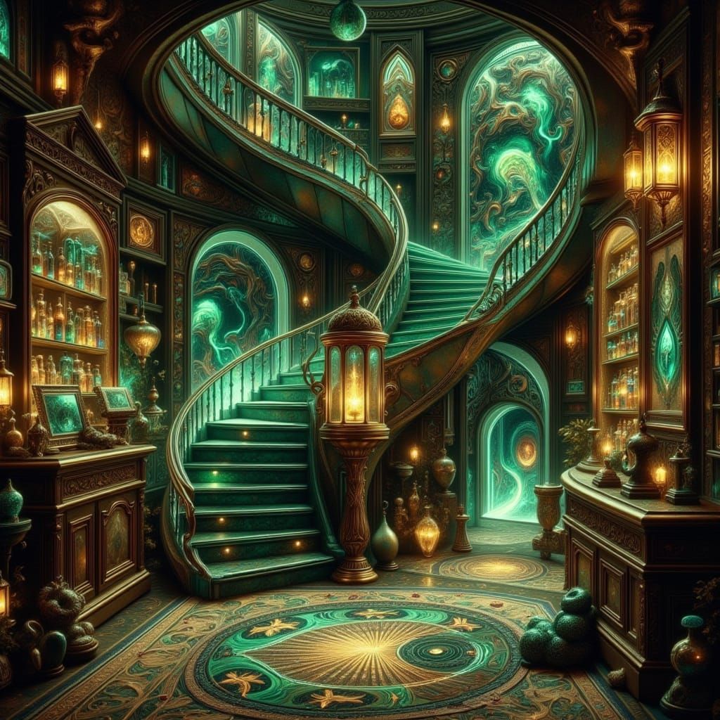 Magical Apothecary Shop Interior With Teal Staircase