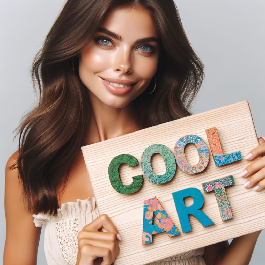 A gorgeous woman holding a sign that says "COOL ART"