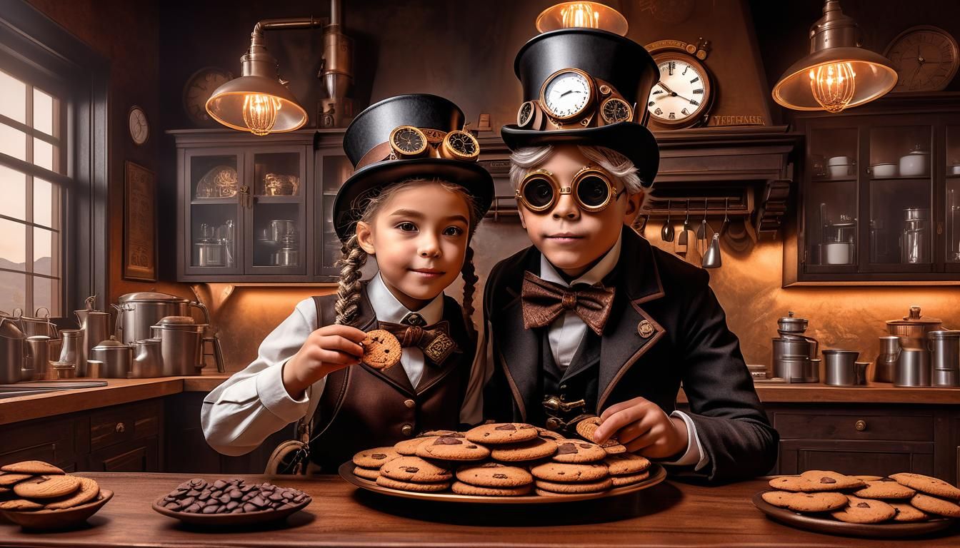 Steampunk Children Enjoy Cookies in Detailed Portrait
