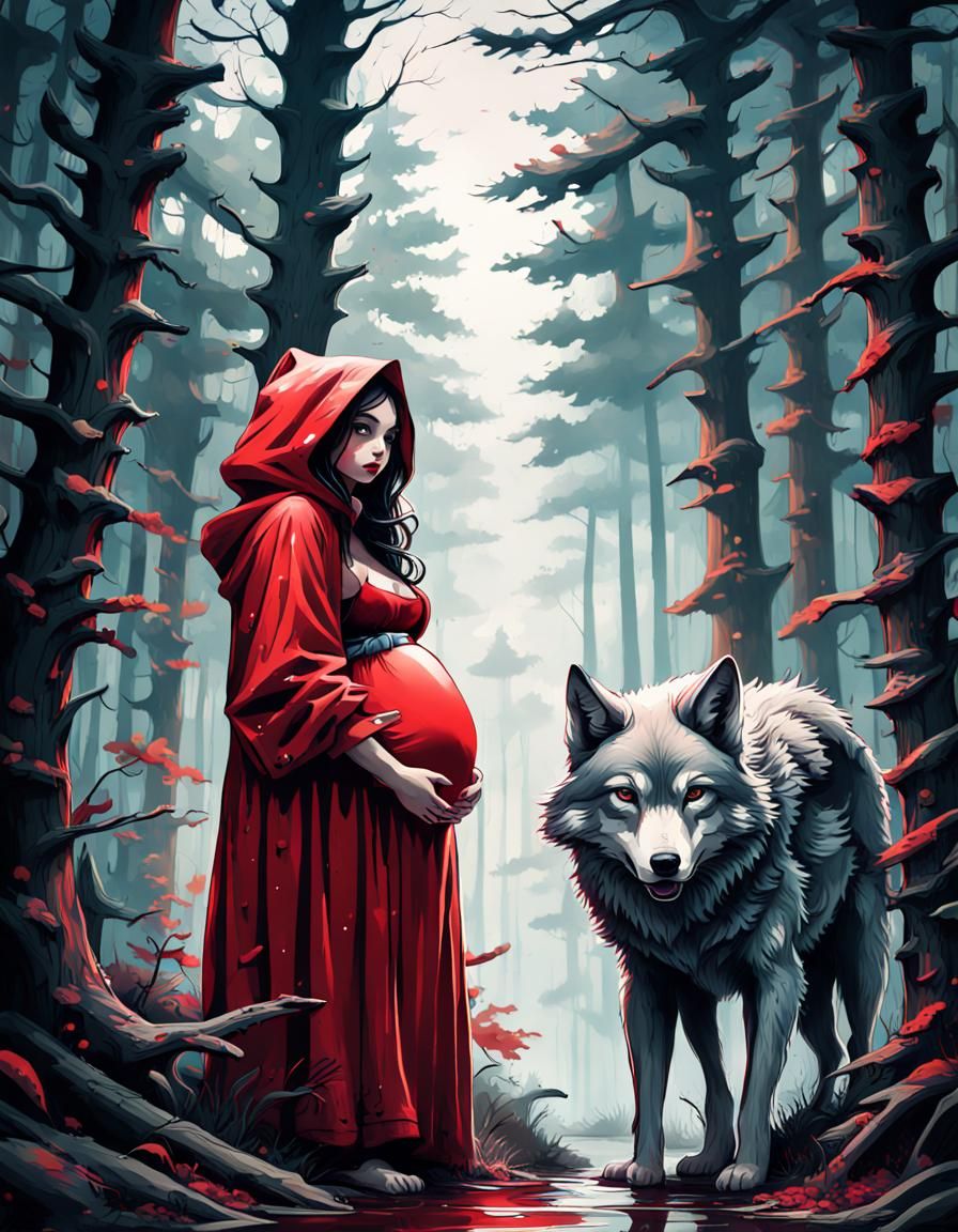Pregnant Red Riding Hood and Wolf in Graffiti Art