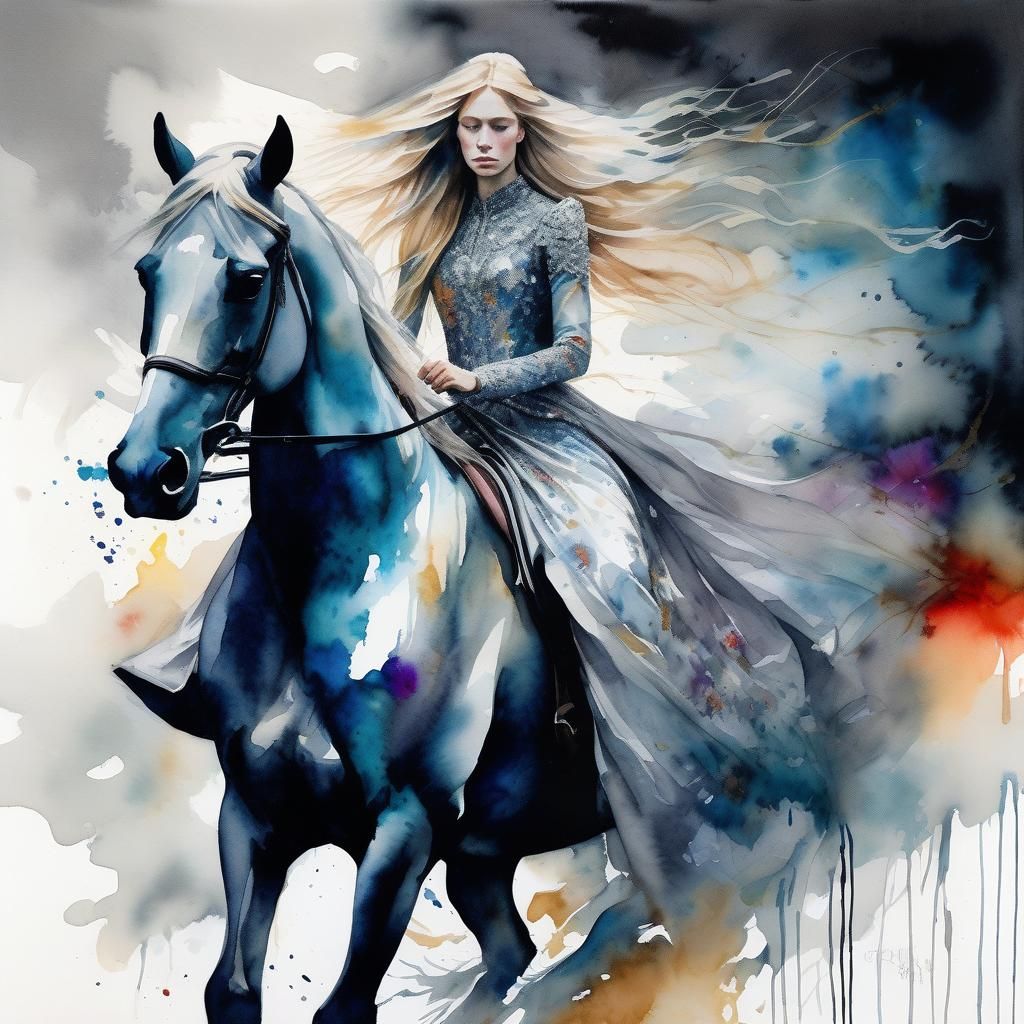Ethereal Princess on Horseback: Watercolor Splash Art