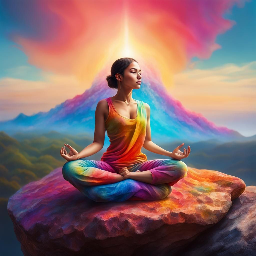 Woman in Padmasana with Colorful Aura: Hyperrealistic Art