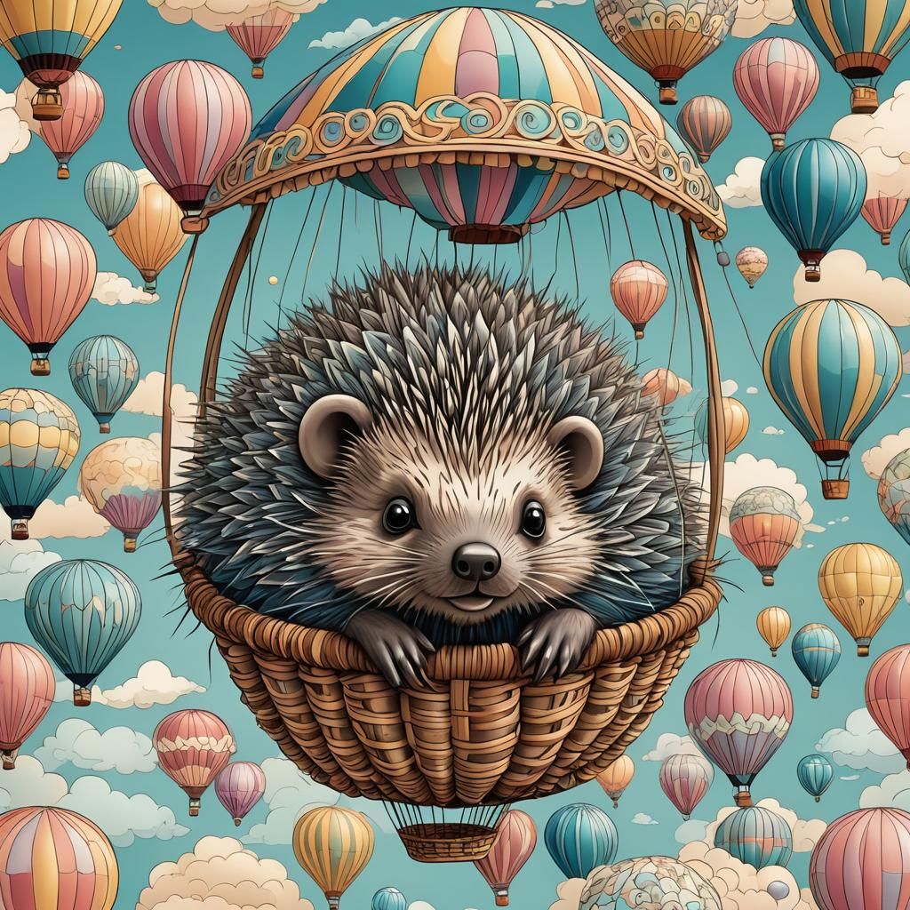 Porcupine in Hot Air Balloon with Zentangle Elements