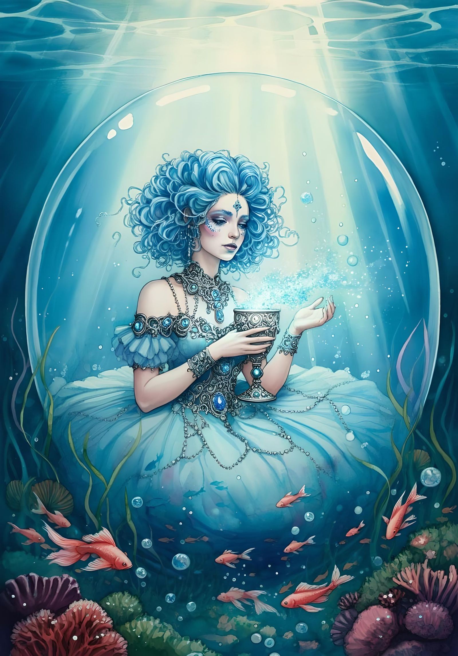 Enchantress in Sunlit Lake Bubble, Magical Fine Line Art