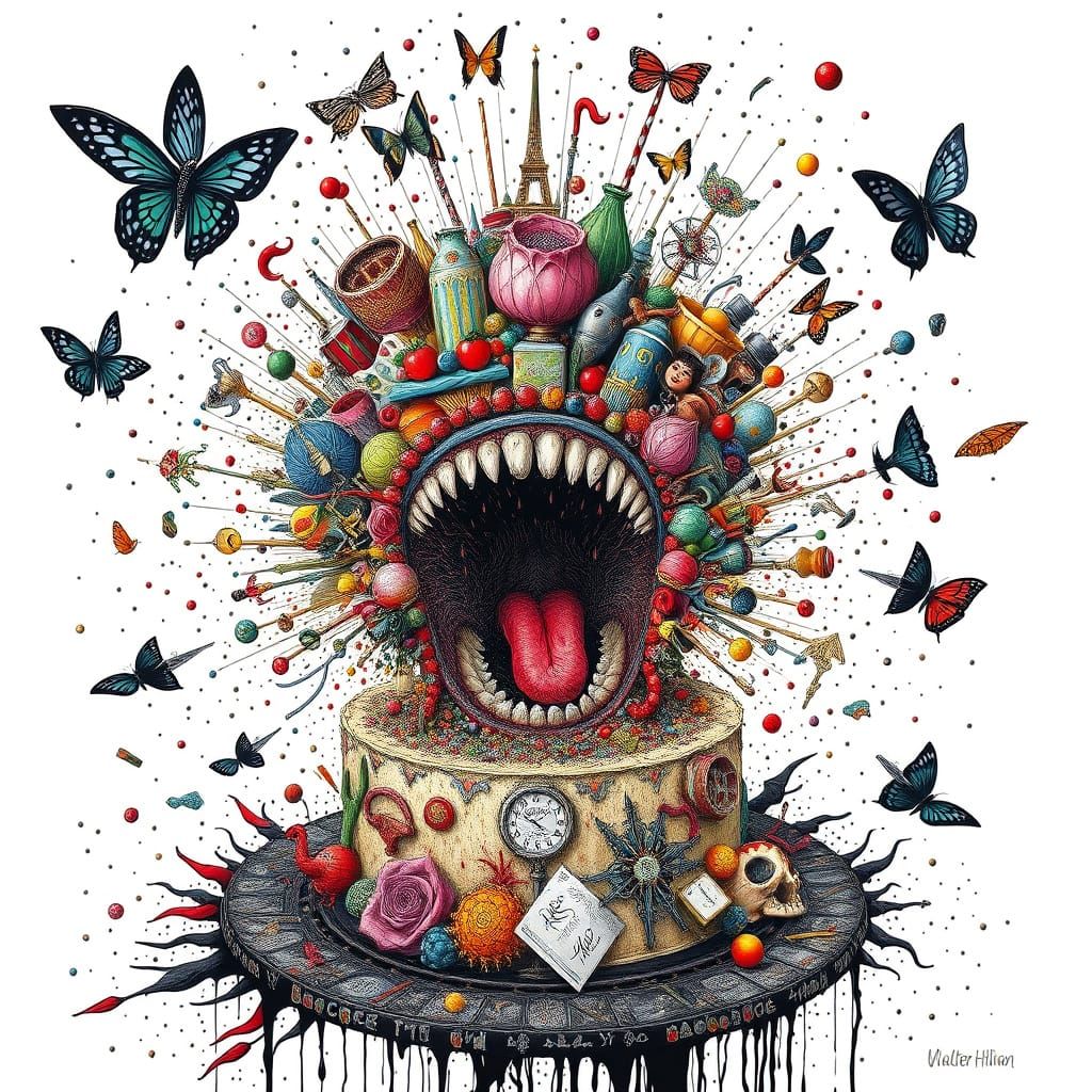 Surreal Opera Scream Cake Explosion in Hyper Colorful Ink