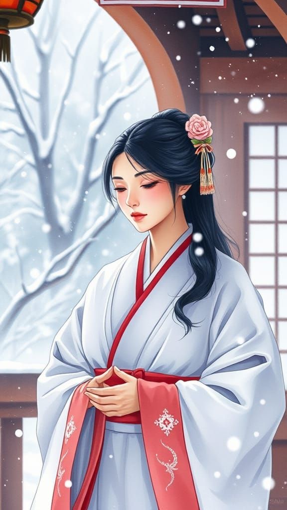 Japanese Woman Praying at Winter Shrine in Watercolor