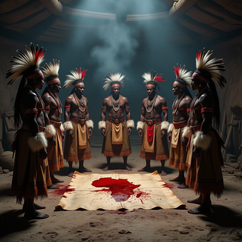 African Warriors in Smoky War Chamber, Atmospheric Lighting