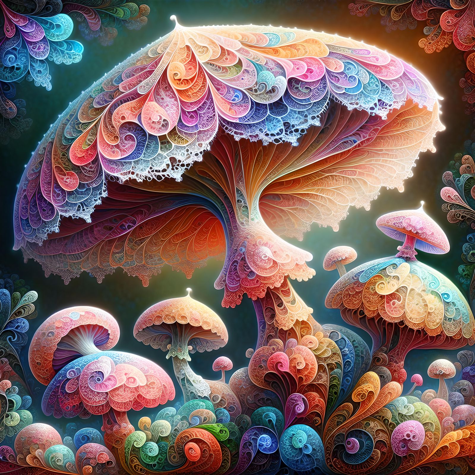 Lace Filigree Mushroom in Whimsical Oil Painting Style