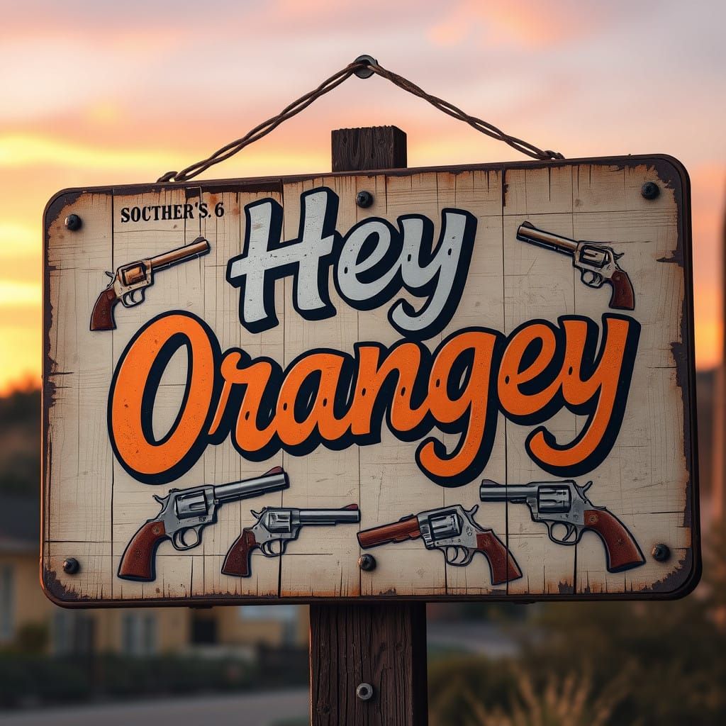 Vintage-Style Sign with Whimsical Firearms Illustrations in....