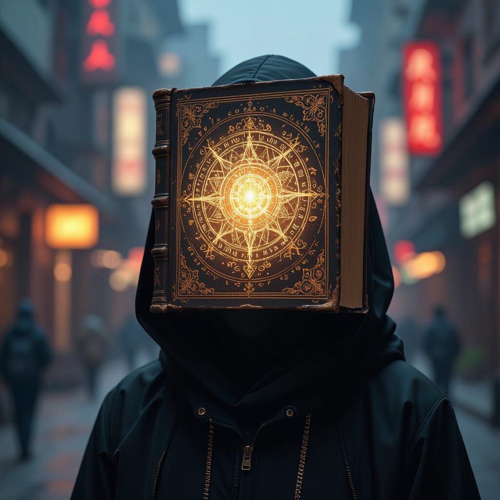 Faceless Figure with Luminous Tome Head in Surreal Style