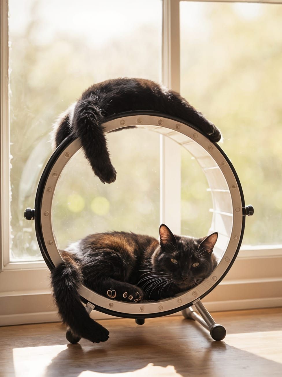 Black Cats Sleeping and Sitting on Exercise Wheel