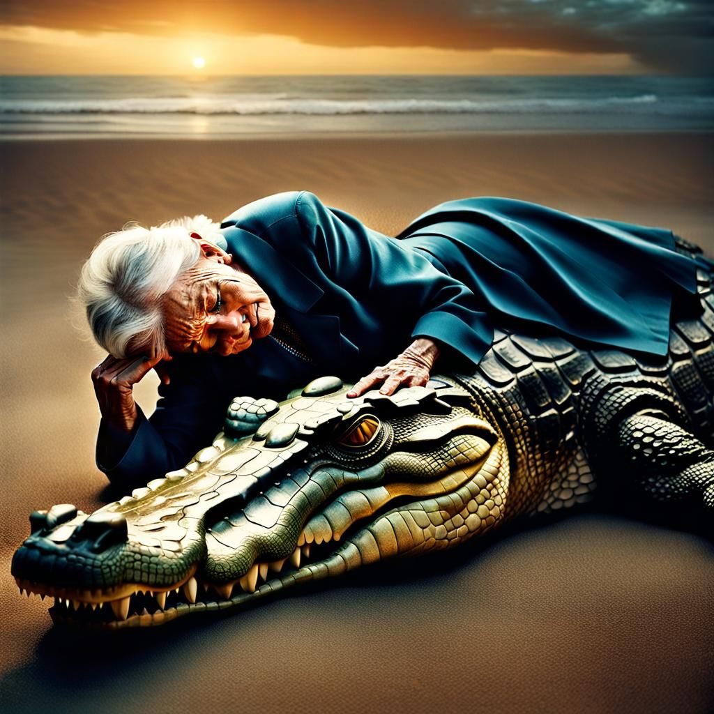 Surreal Photo of Woman Sleeping with Crocodile