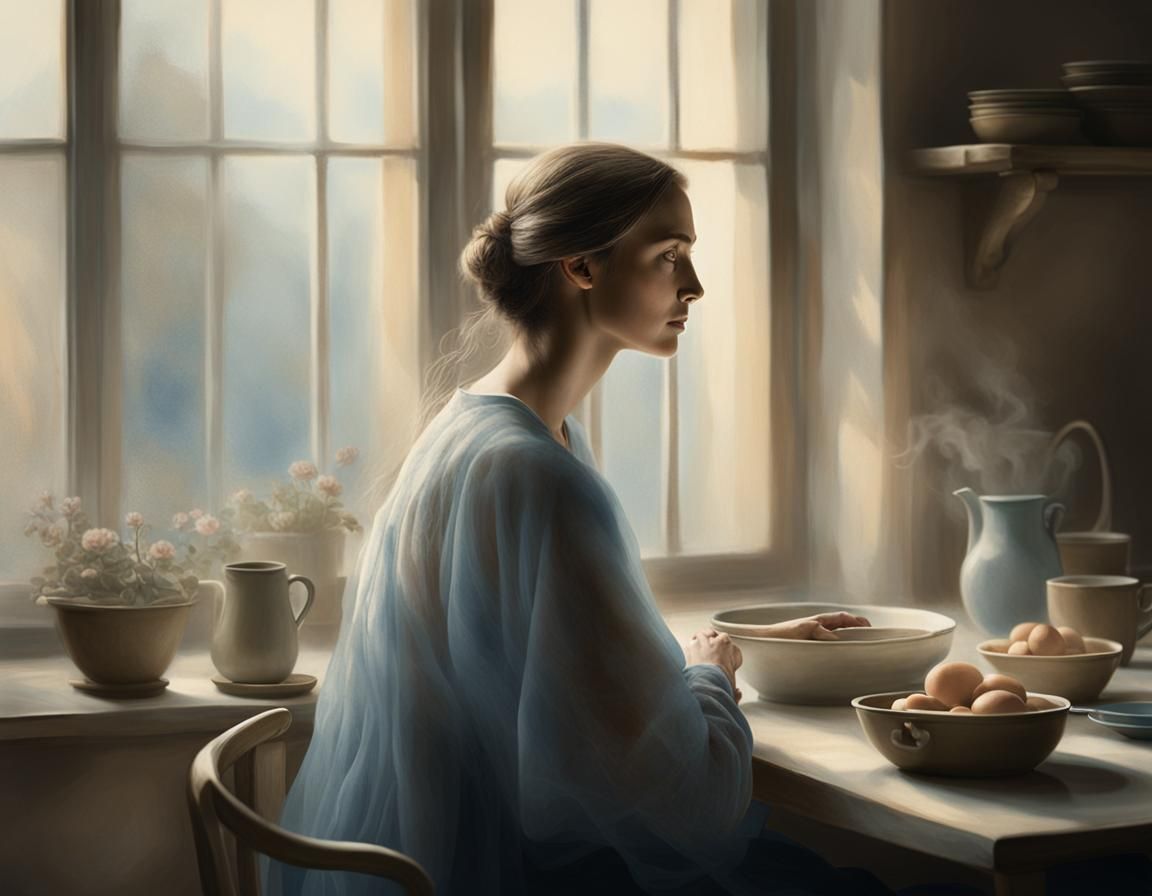 Woman in Sfumato Style Stares Out Window