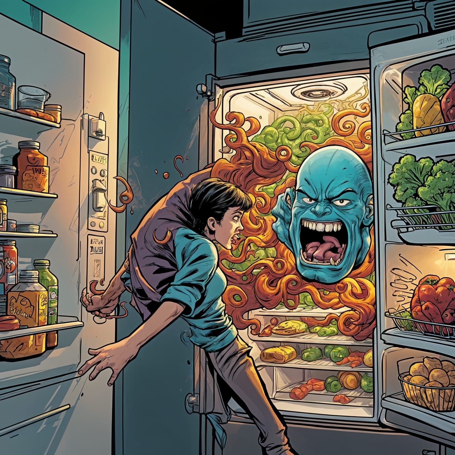 Hungry Fridge Attacks: Comic Book Style Illustration