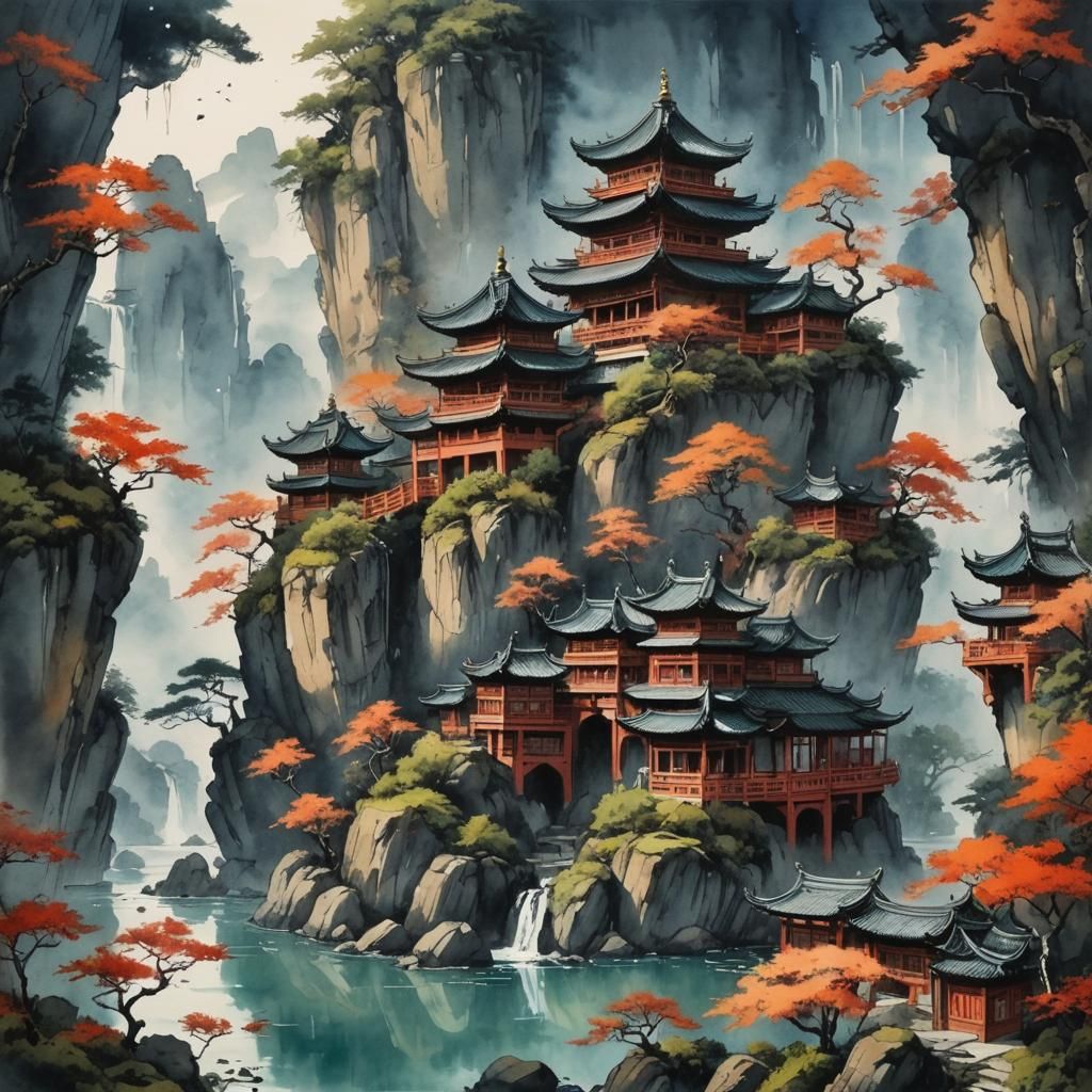 Watercolor Oriental Folk Art Ink Drawing