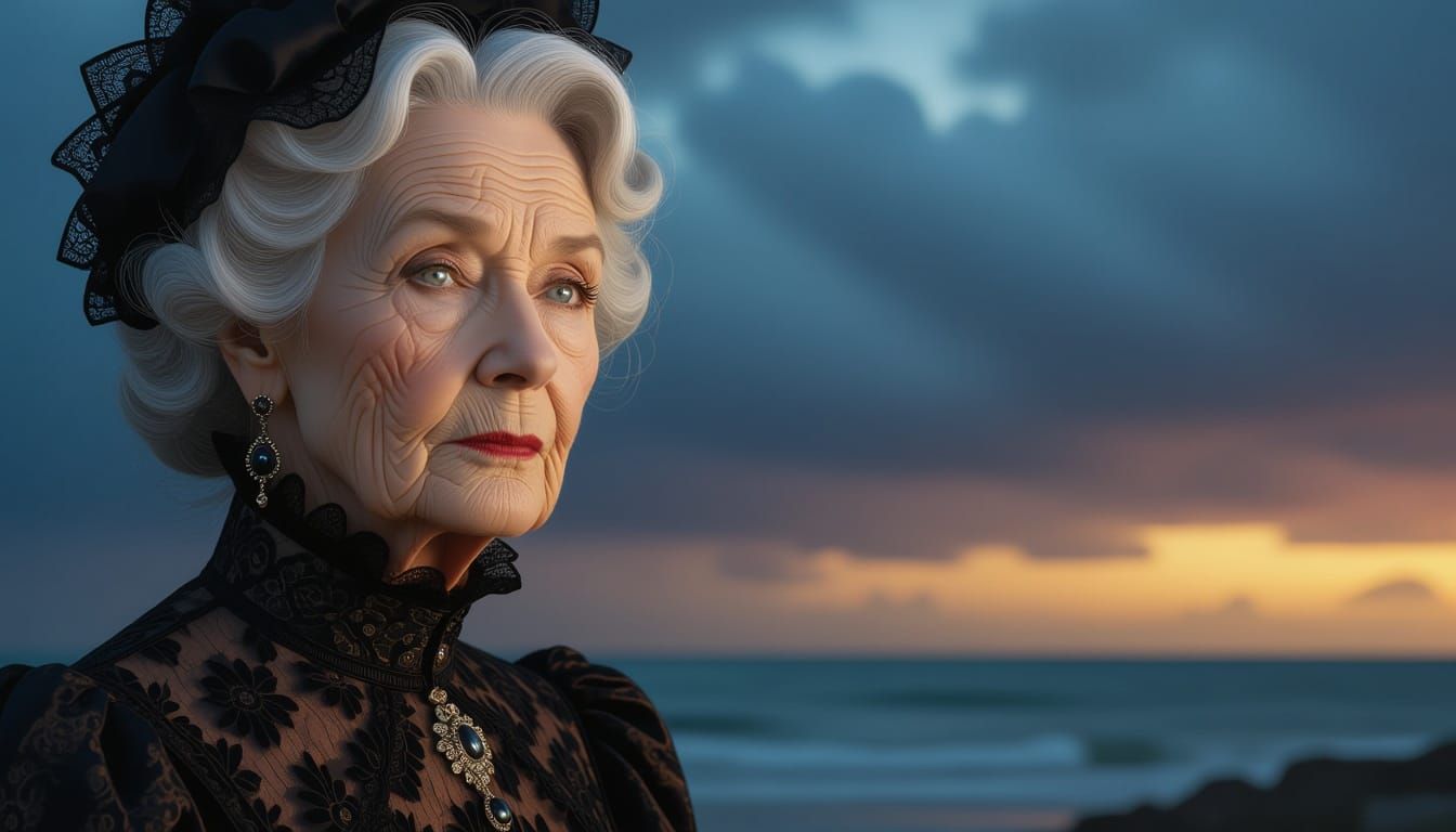 Elderly Gothic Baroness Against Stormy Seacoast
