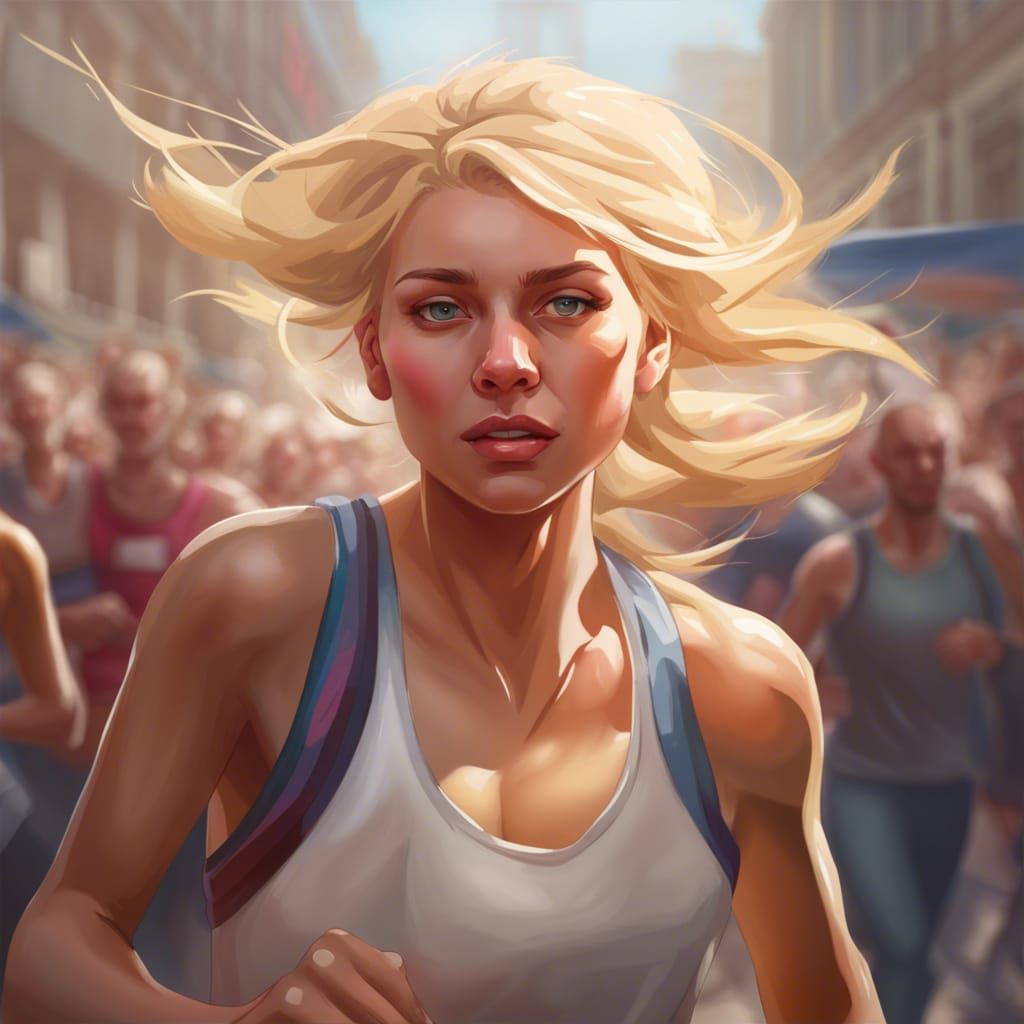 Blonde Girl Marathon Runner Portrait in Hyperdetailed Style