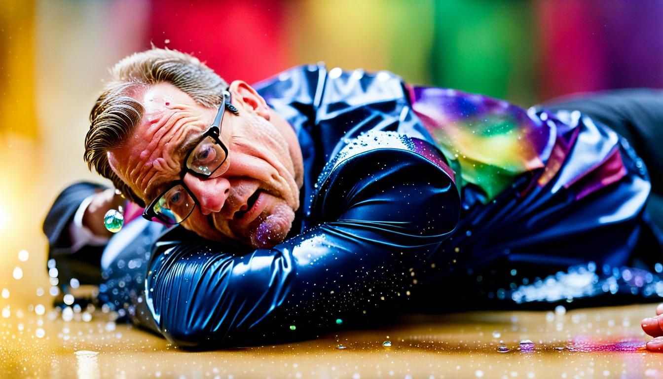 Drew Carey laying on the floor after falling off a step stool, there are dew drops on his face